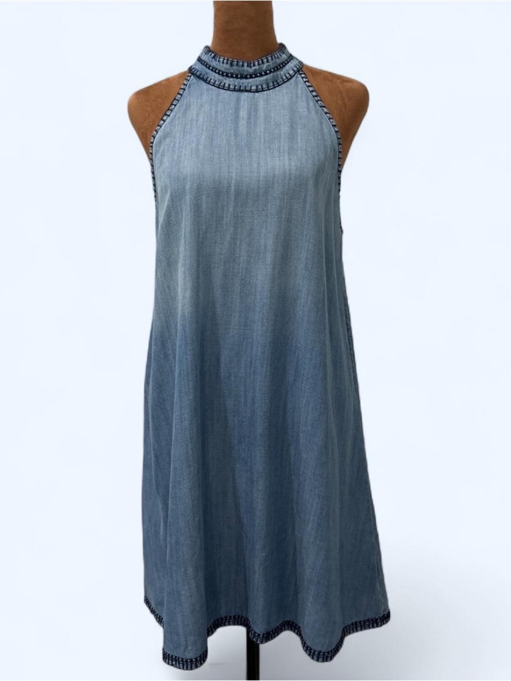 BELLA DAHL Tencel Chambray Halter Swing A-line Boho Dress Blue Size M